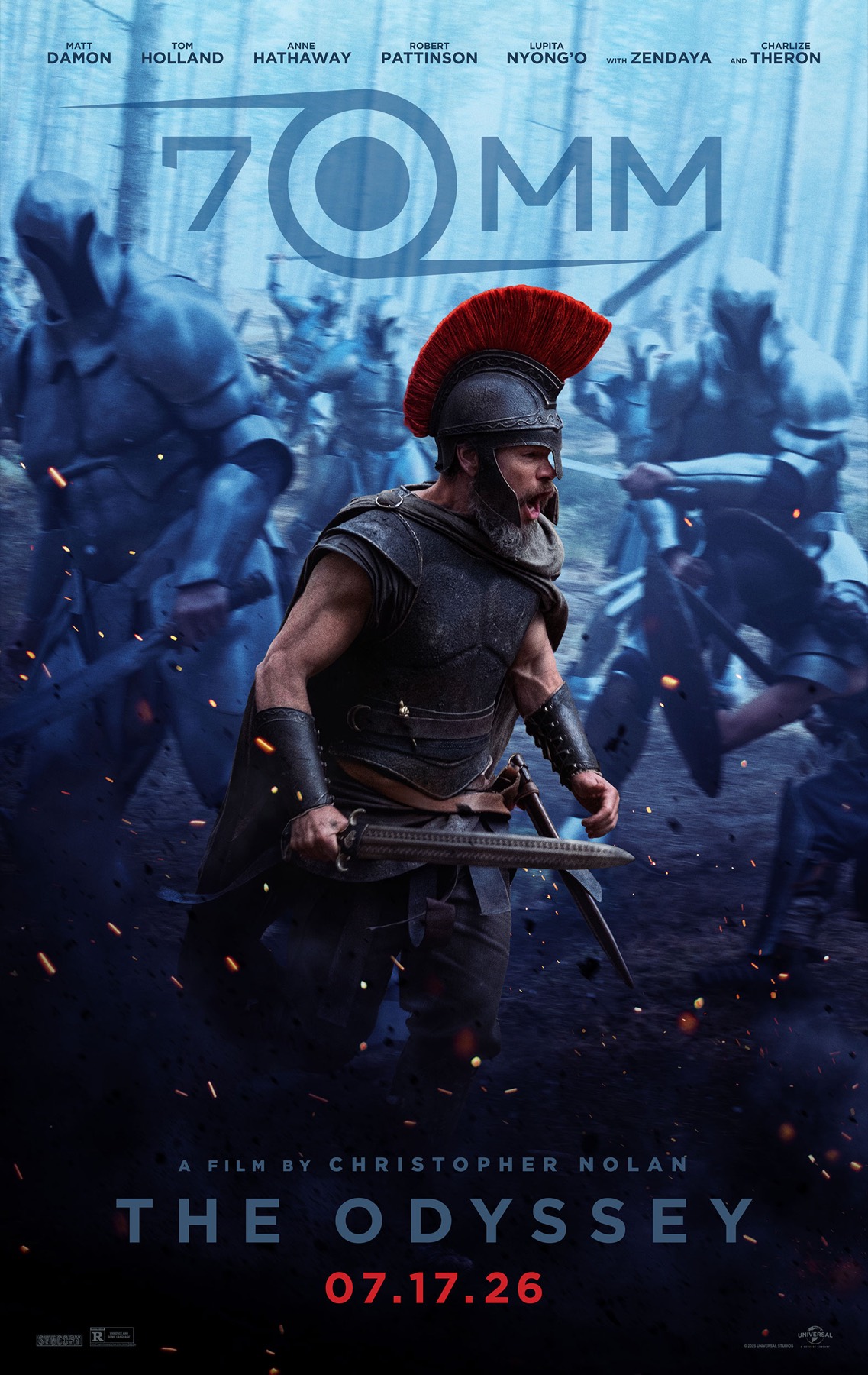 70MM one-sheet: Odysseus, red-crested, amid spectral warriors
