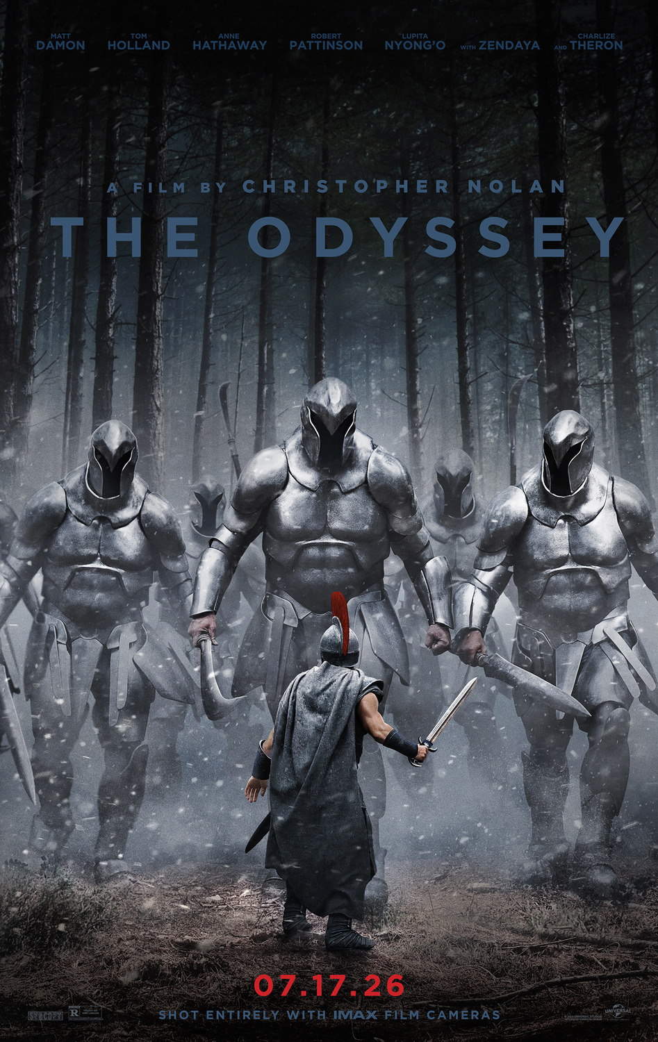 Key art: colossal armored figures advancing through a snowbound forest