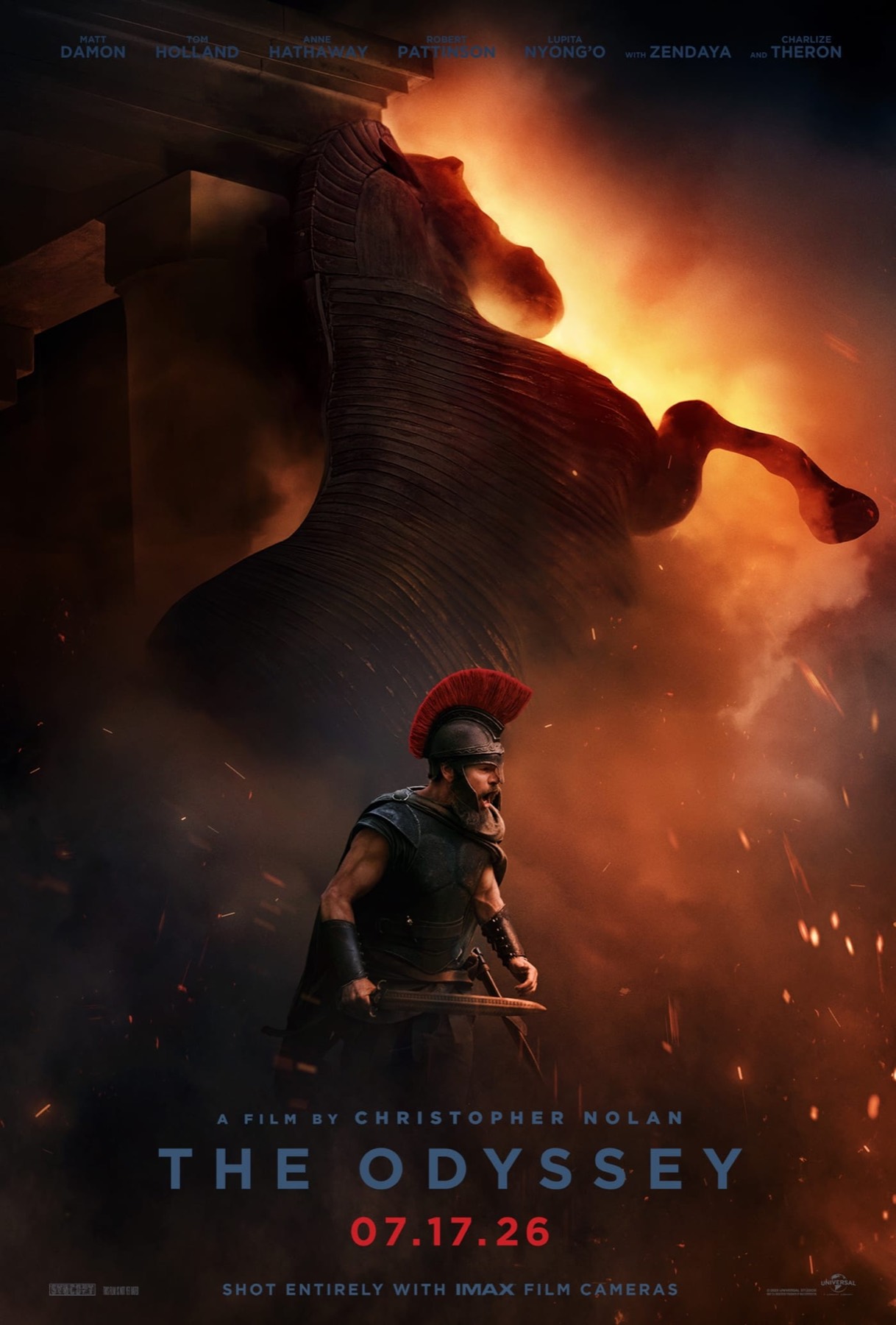 Key art: the Trojan Horse burning above Odysseus